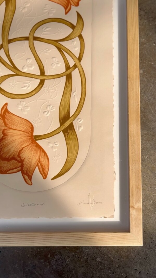 At last, spring be sprung.Soaking up the 🌞 and defrosting from what felt like THE LONGEST winter. 

‘Intertwined’
Limited Edition Relief Print
Size: 10”x20”
4 layer reduction process
Blind embossed details
Available at thewhitecrowe.com

———-
Tulip, fine art, block printing, printmaking, blind embossed, interior design, art nouveau, home decor, botanical art, spring flowers